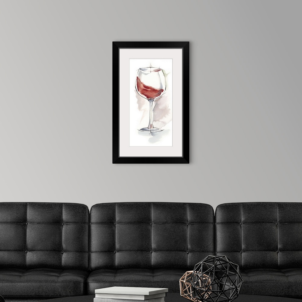 A modern room featuring Vertical artwork featuring sketched wine glasses with watercolor accents.