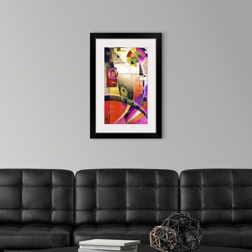 A modern room featuring Vertical abstract painting of vibrant colored shapes in circles and triangles.