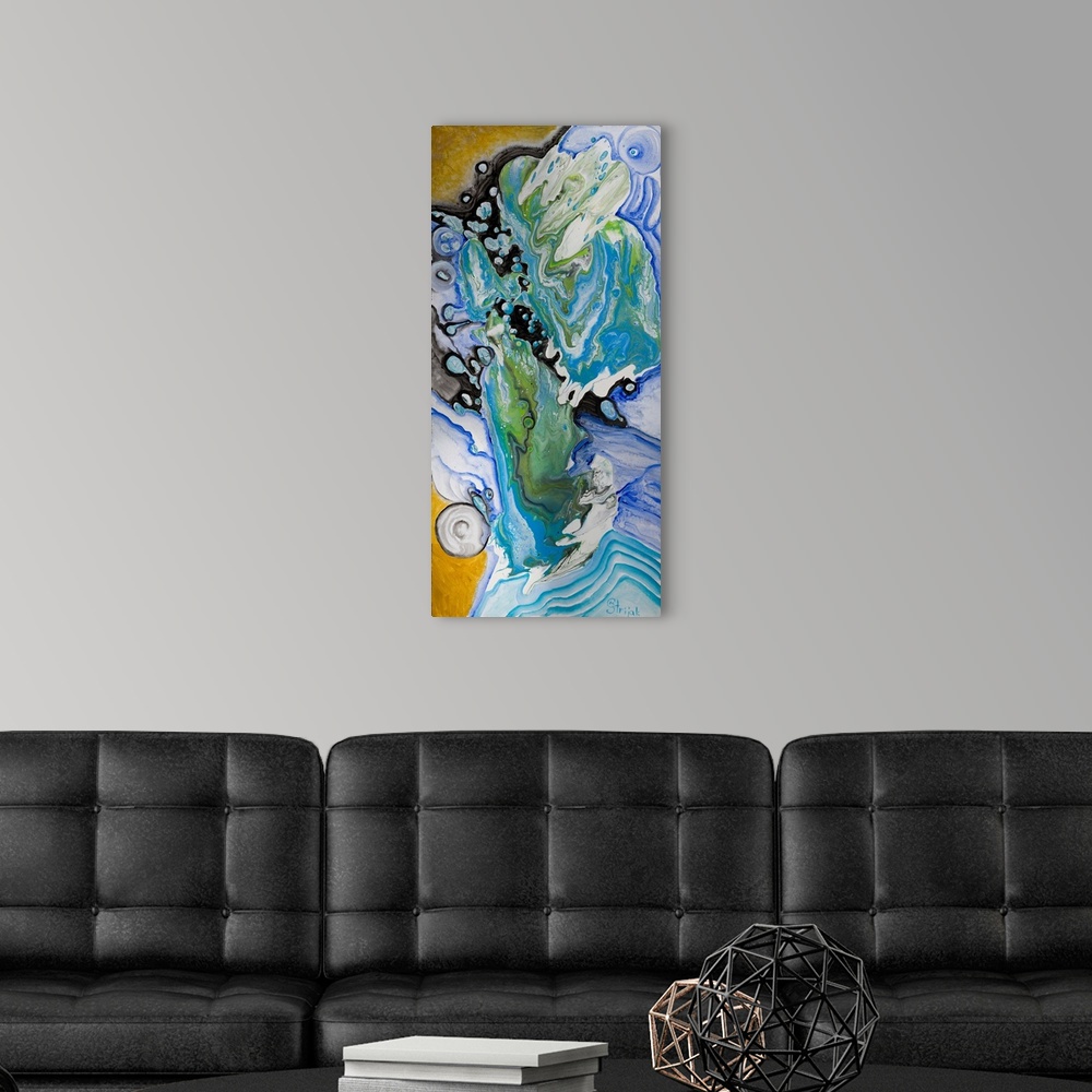 A modern room featuring A pour painting in turquoise colors of the crystal-clear rivers running in the cave systems of bl...