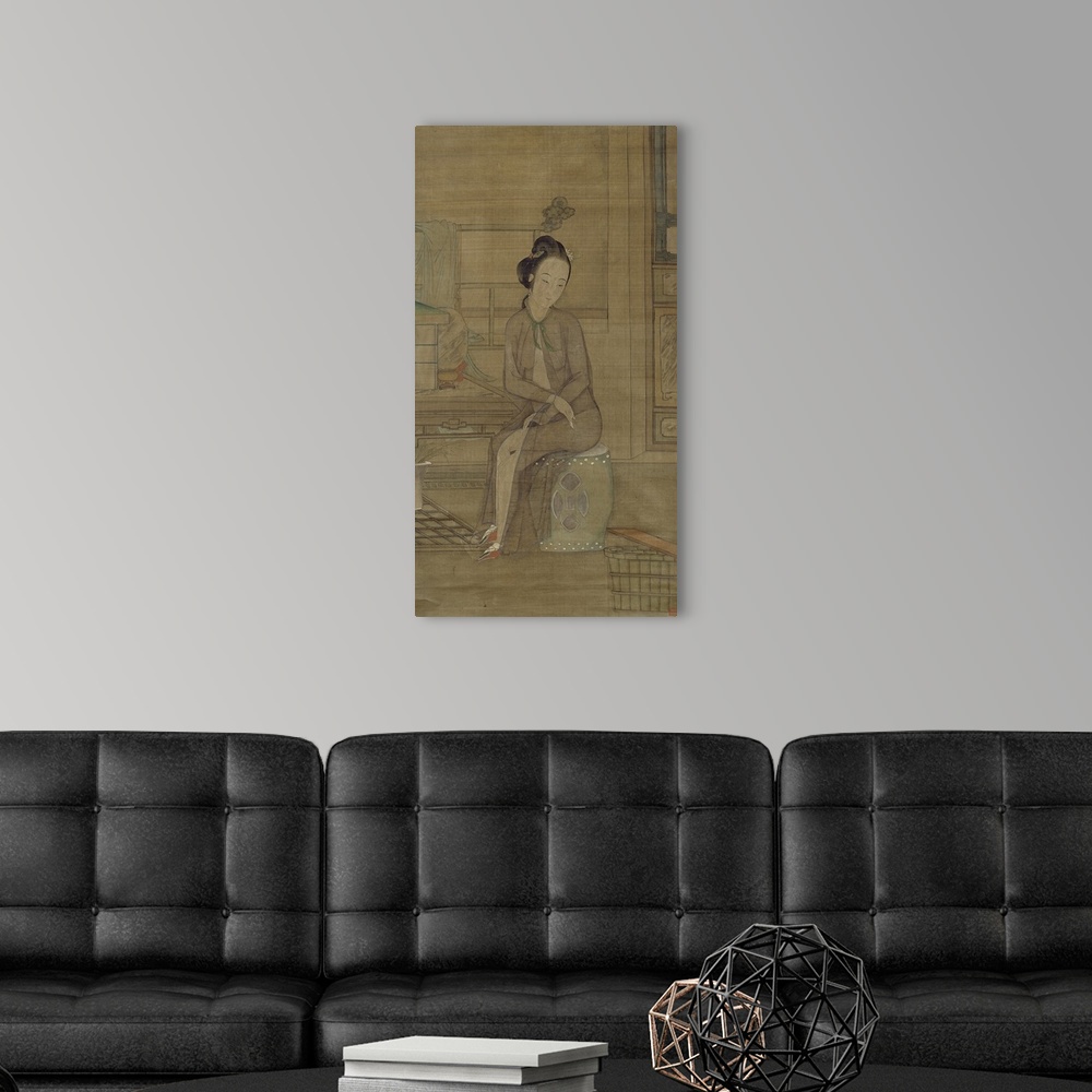 A modern room featuring Beauty About to Bathe, Qing dynasty, hanging scroll with ink and colours on silk.