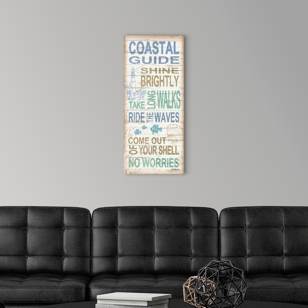 A modern room featuring Beach themed decor with related text written on a white wooden background with various under the ...