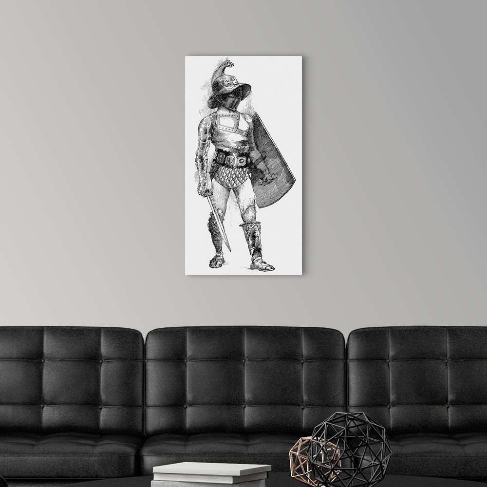 A modern room featuring A Samnite-a gladiator in full armor carrying sword and shield.