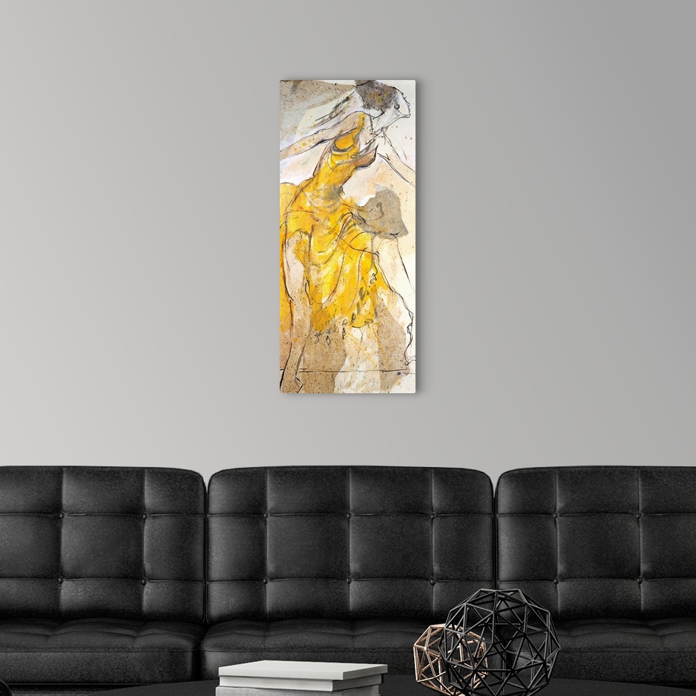 A modern room featuring Tall and narrow painting on canvas of a woman dancing.
