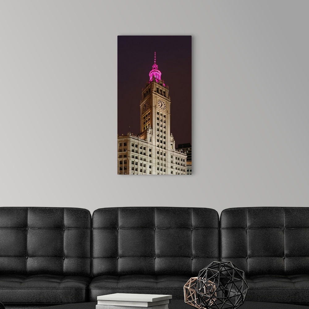 A modern room featuring The Wrigley Building in the loop in Chicago on a rainy day, USA.