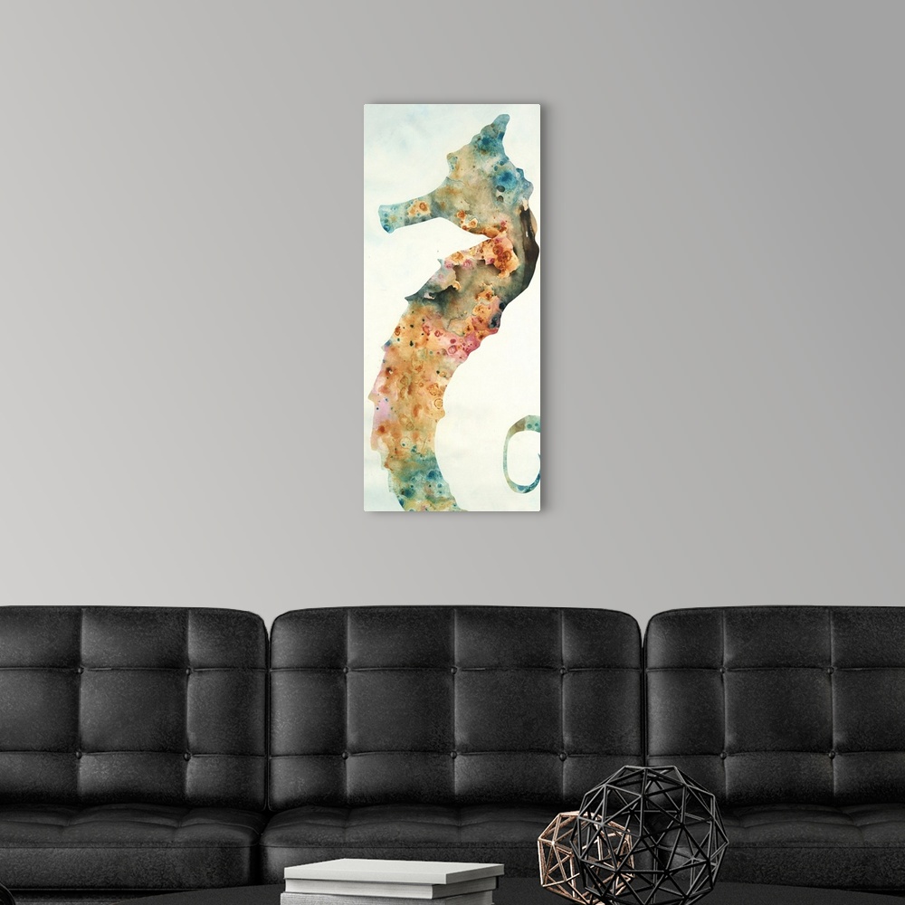 A modern room featuring Contemporary painting of a seahorse with beach appropriate colors mixed together on a panel sized...