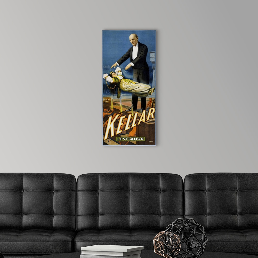 A modern room featuring Vintage promotional poster depicts one of Harry Kellaros acts of levitation.