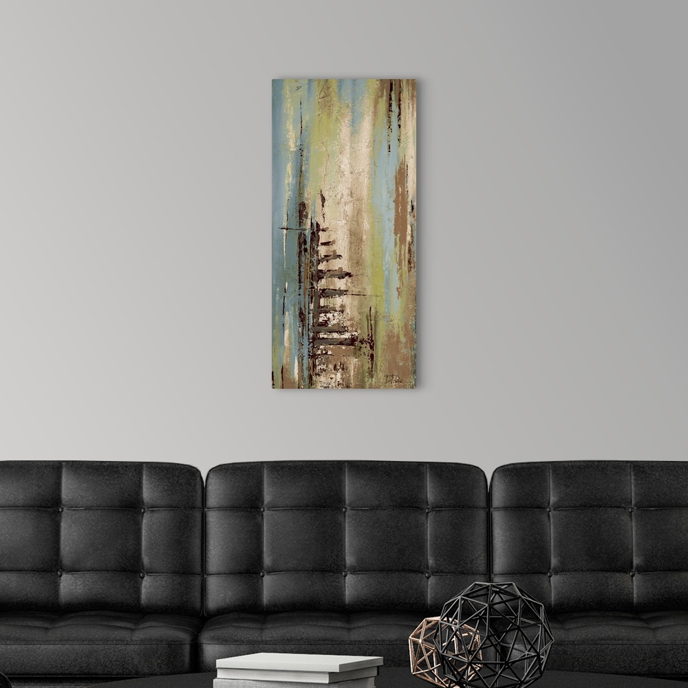 A modern room featuring Contemporary abstract painting using blue tones mixed with gray and brown in vertical streaking m...
