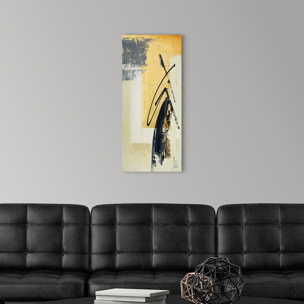 A modern room featuring A tall abstract painting with gold hues and a black design.