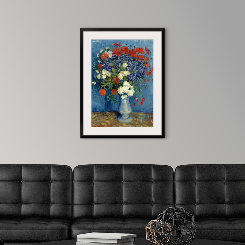 A modern room featuring Classic painting of a vessel containing a bouquet of fresh, bright flowers on a table against a w...
