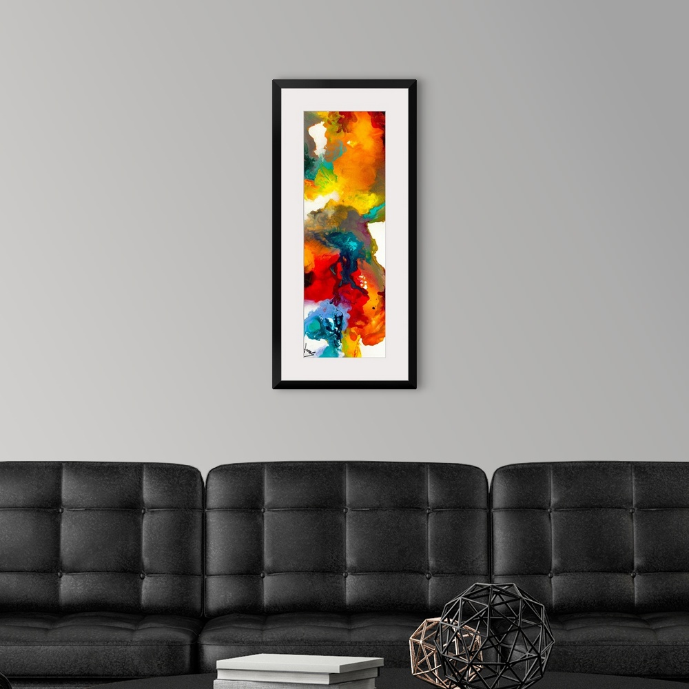 A modern room featuring This is a narrow vertical panoramic shaped painting of a vivid blend of wet paints creating a swi...