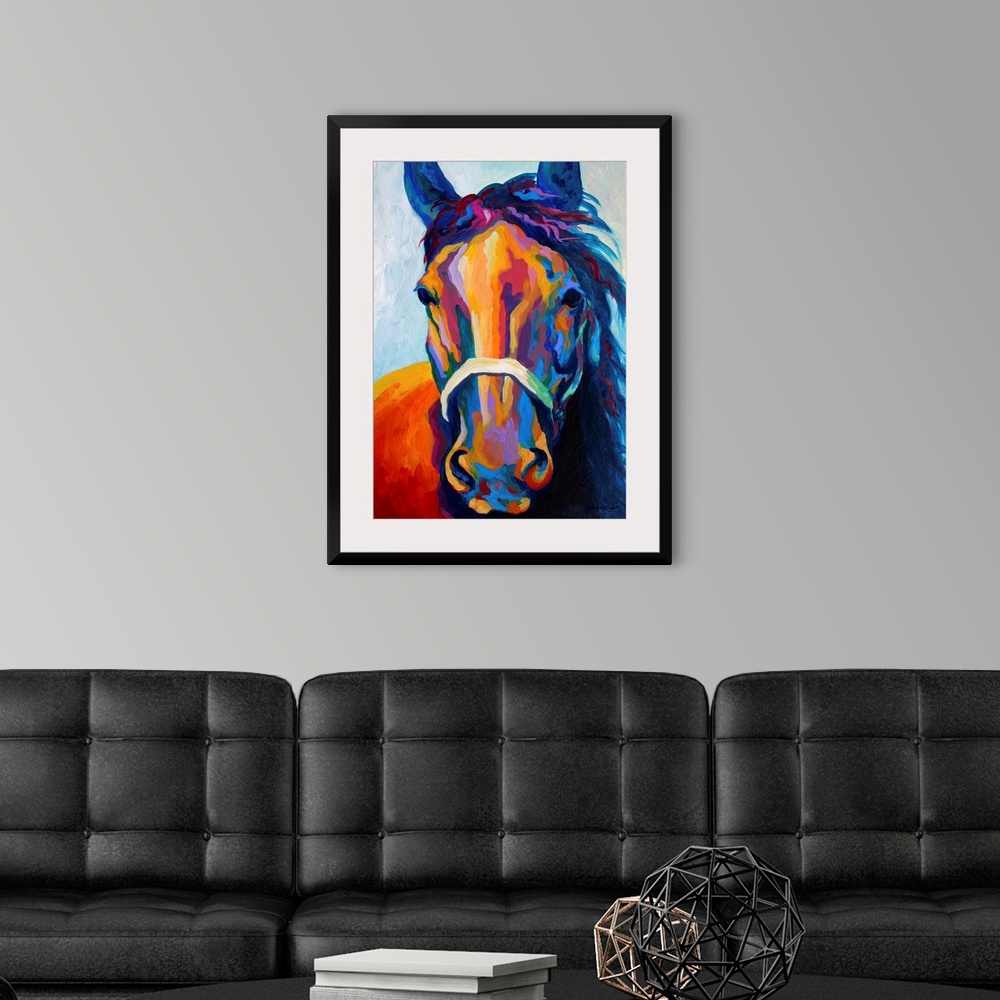 A modern room featuring Contemporary art uses warm and cool colors to portray an up close image of a haltered horse's hea...