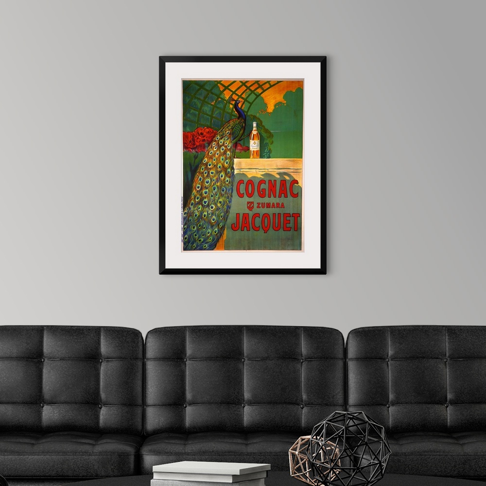A modern room featuring A vintage style poster of a peacock standing under a trellis with its foot perched on a bottle of...