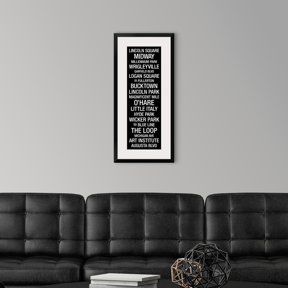 A modern room featuring Typographic list of Chicago landmarks.