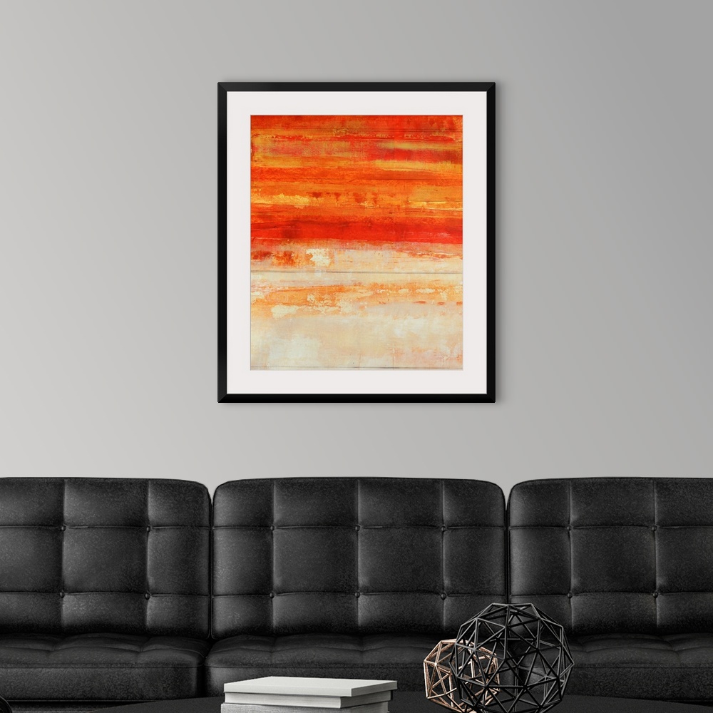 A modern room featuring Abstract painting of a warm gradient texture going from dark to light vertically on canvas.