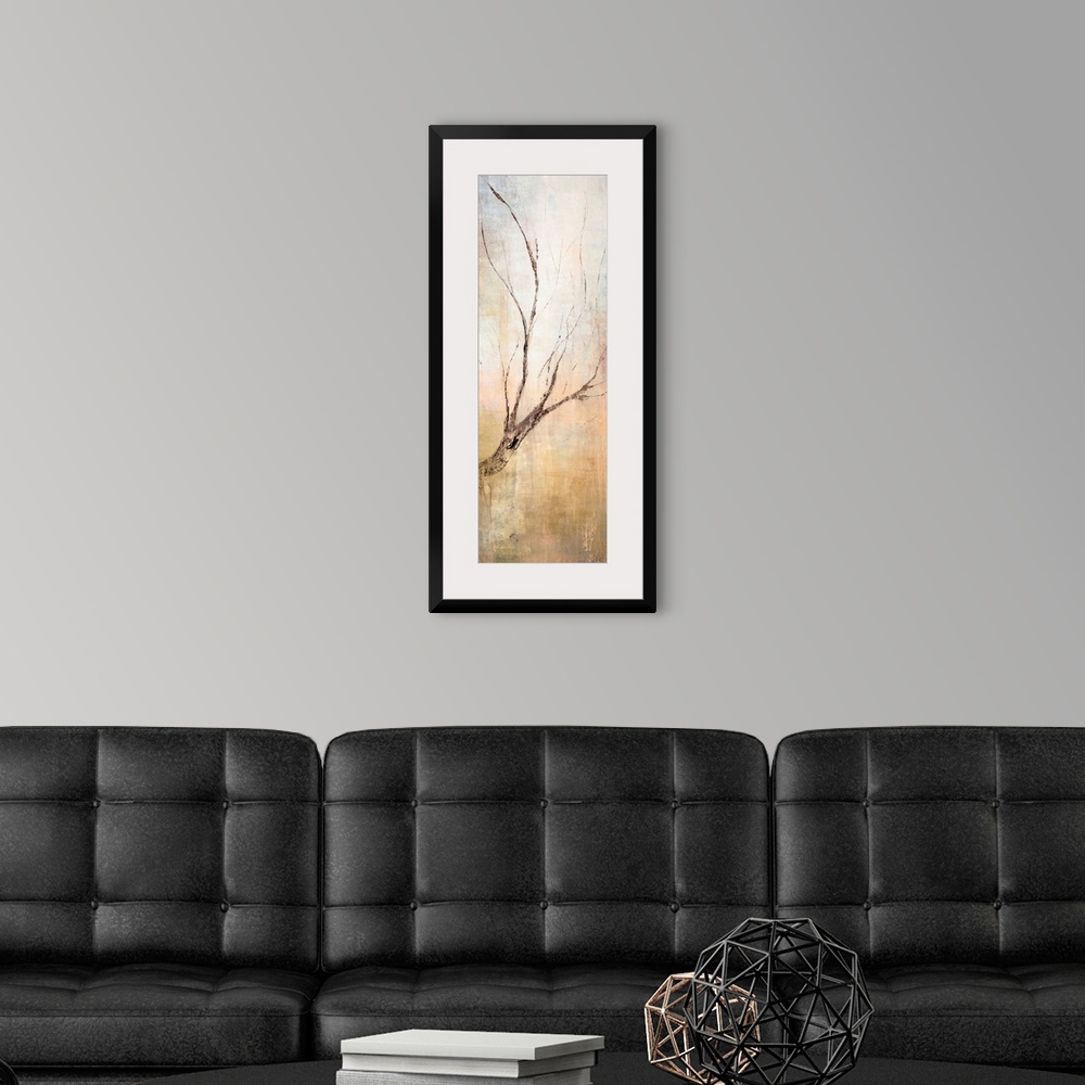 A modern room featuring Contemporary vertical panoramic painting of tree branch with several other smaller twigs branchin...