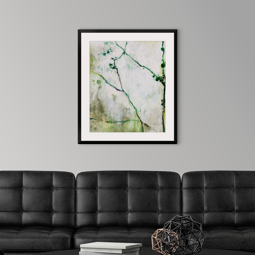 A modern room featuring Abstracted and simplistic painting botanical painting painted with varying shades of green.