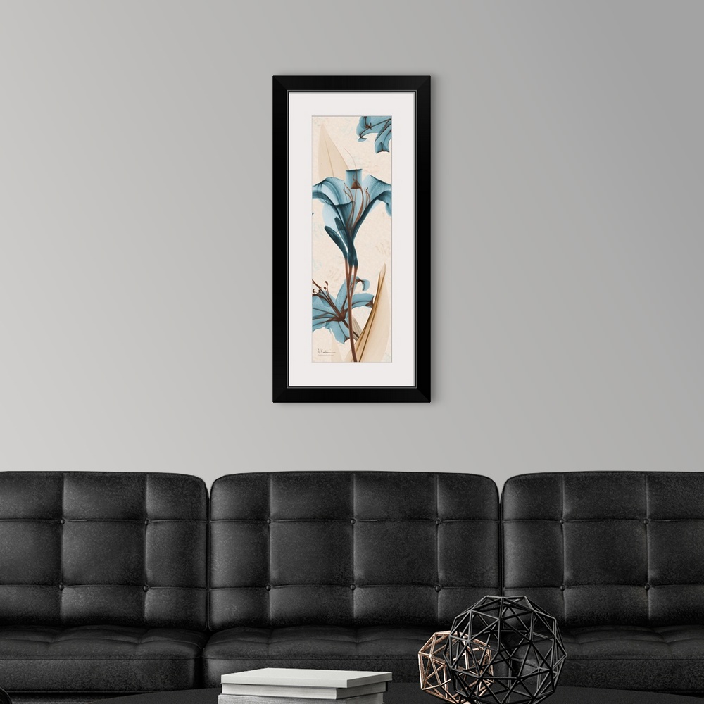 A modern room featuring Vertical x-ray photograph of lilies on an earth toned background.