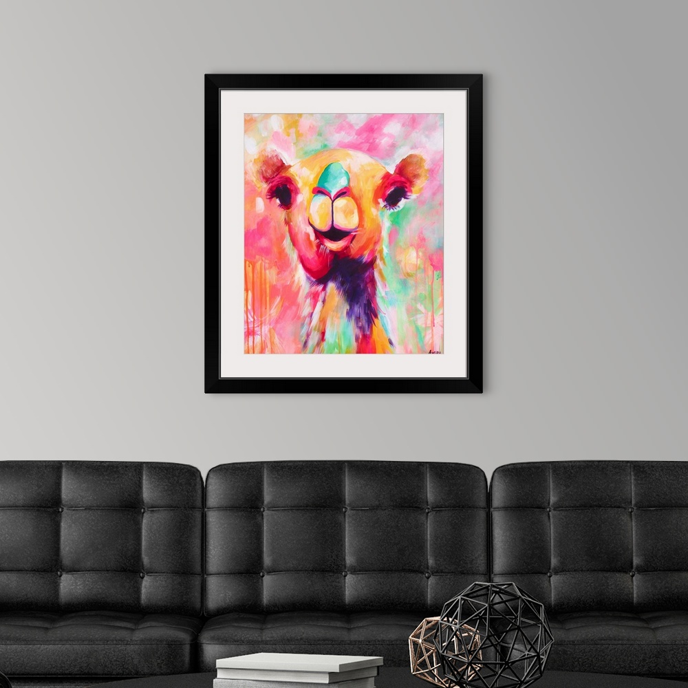 A modern room featuring Portrait of a camel in bright, tropical colors.