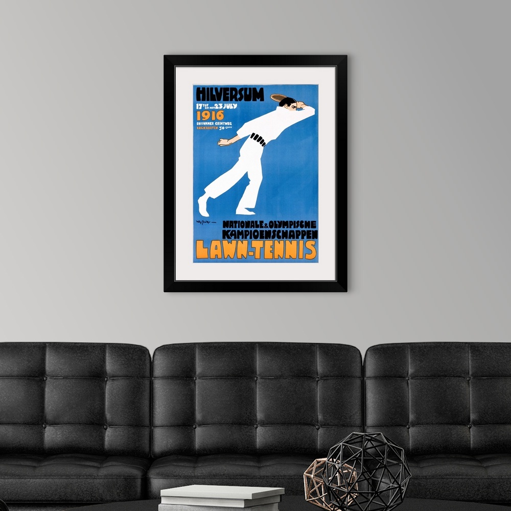 A modern room featuring This is an Art Deco style poster in German advertising an even by showing a tennis player against...