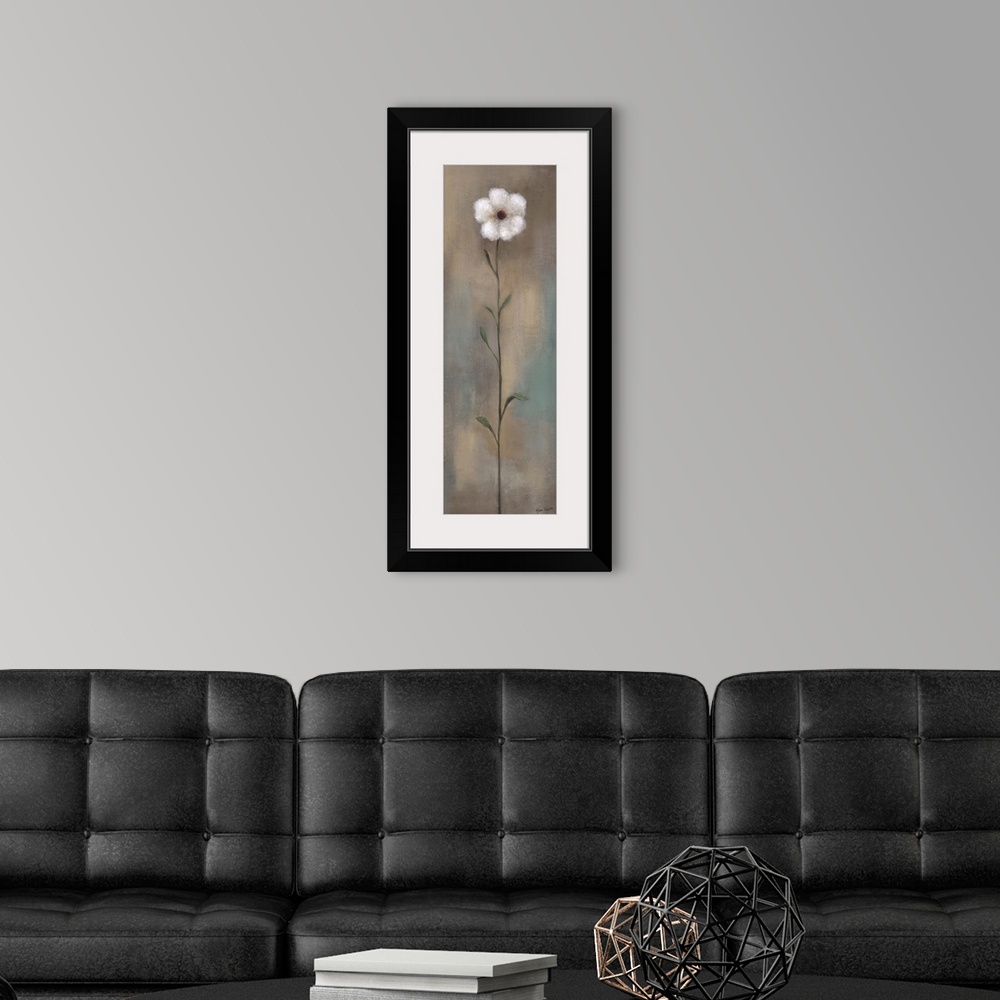 A modern room featuring Contemporary painting of a single white flower with a long stem against an earth toned background.