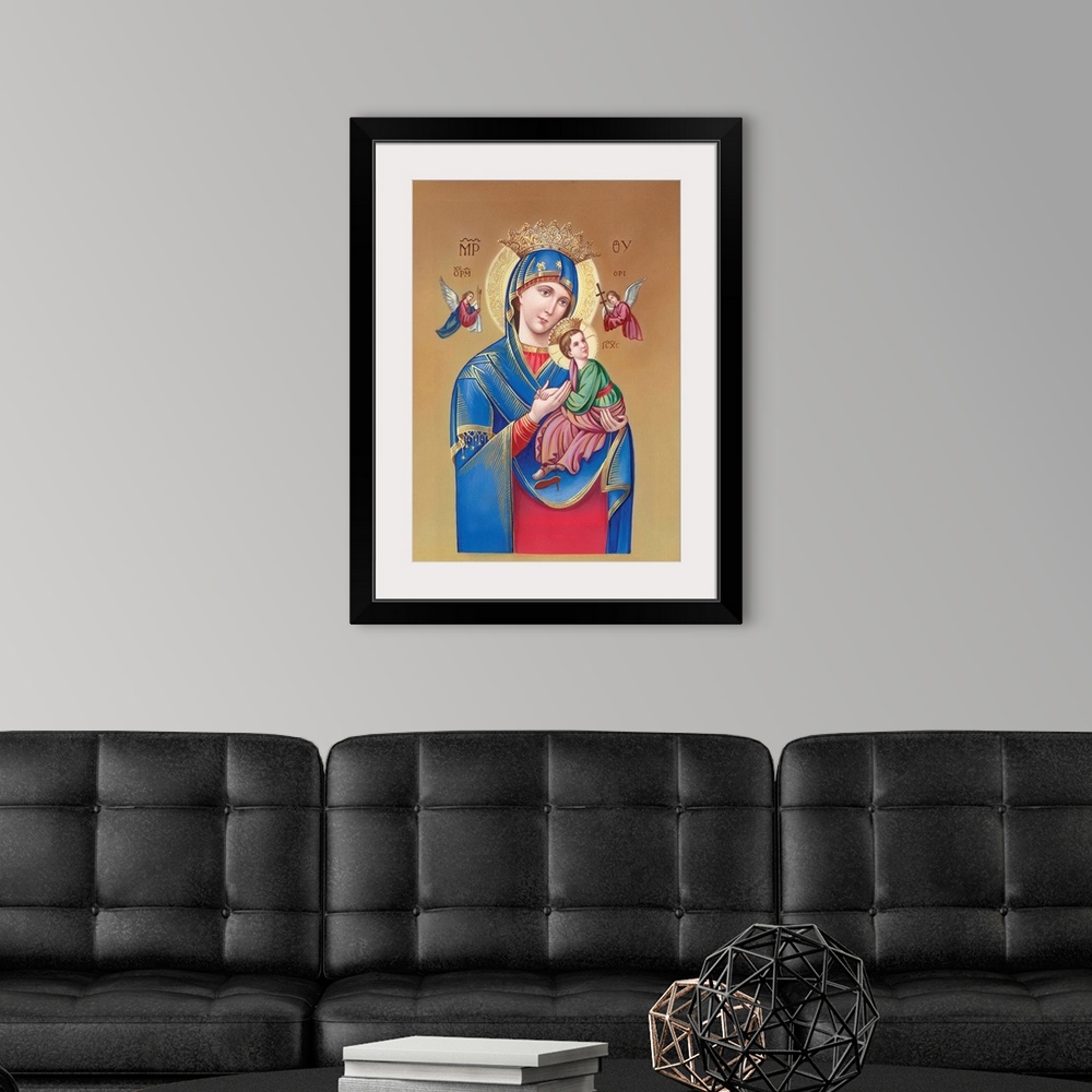 A modern room featuring Mary holding Jesus with angels flying around