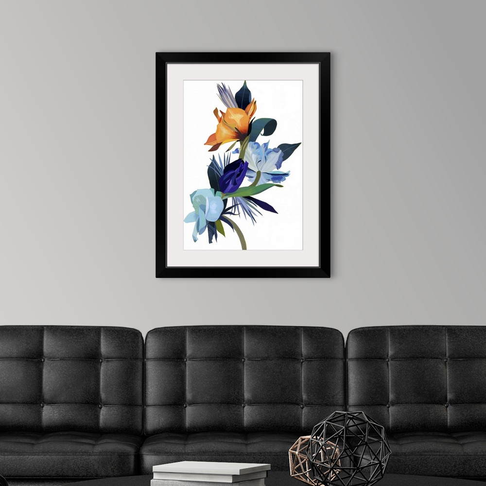 A modern room featuring Light Blue Flowers And Orange Flowers