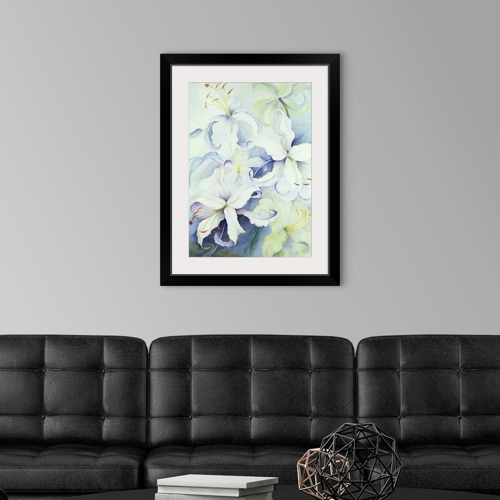 A modern room featuring A piece of contemporary artwork that is a drawing of delicate white flowers with the center of th...