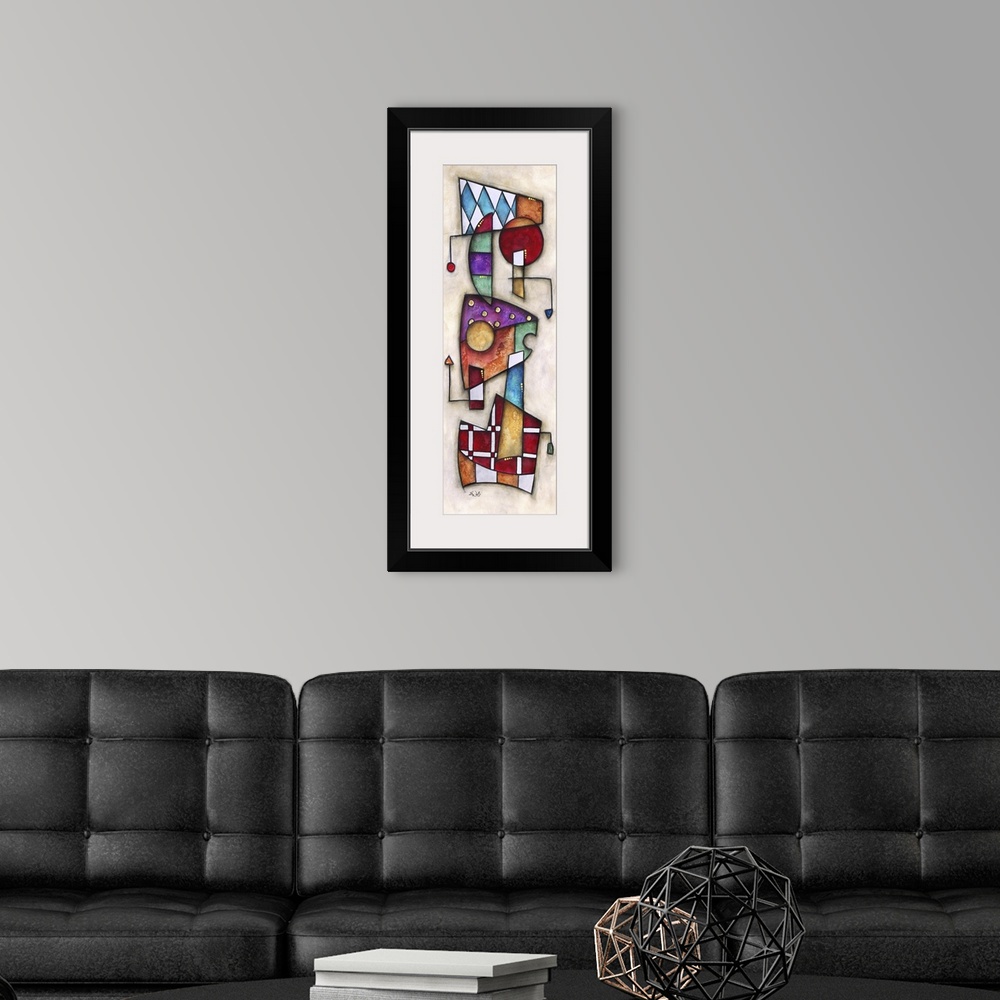 A modern room featuring Various shapes with different designs are stacked up on each other in this tall vertical piece.