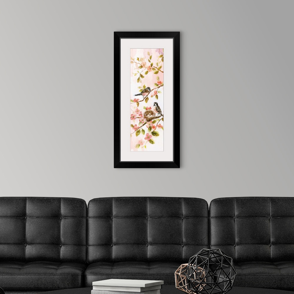 A modern room featuring A watercolor painting of two birds perched on branches with a nest holding three eggs surrounded ...