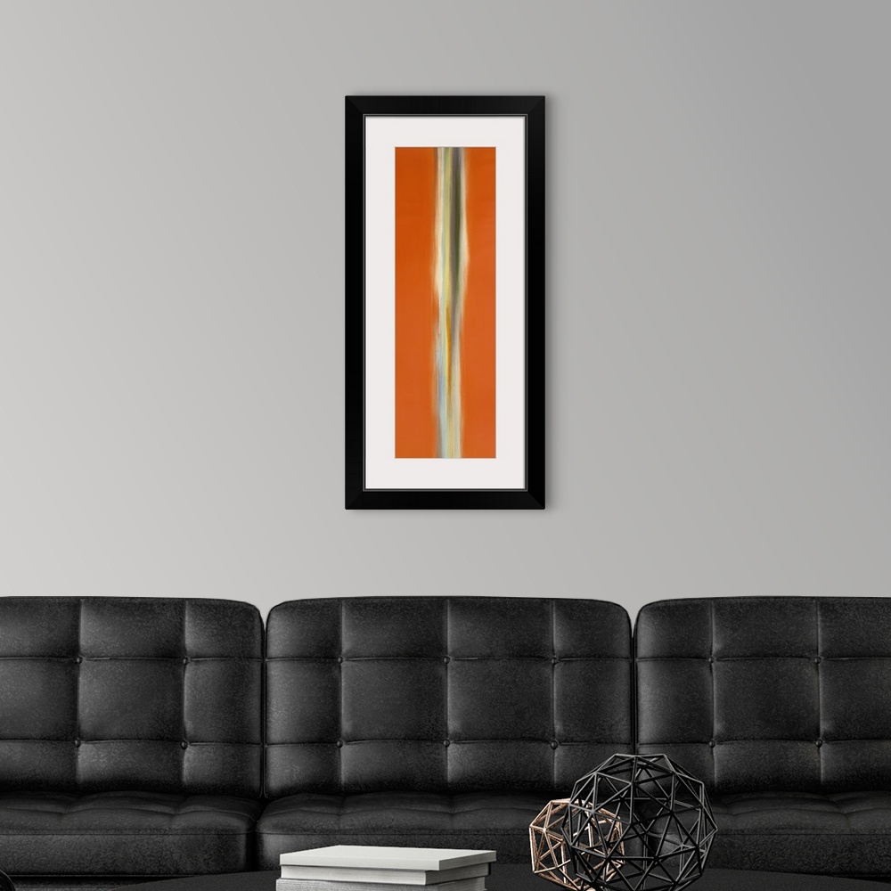 A modern room featuring A tall vertical piece of abstract artwork that has orange on both sides with a neutral colored li...