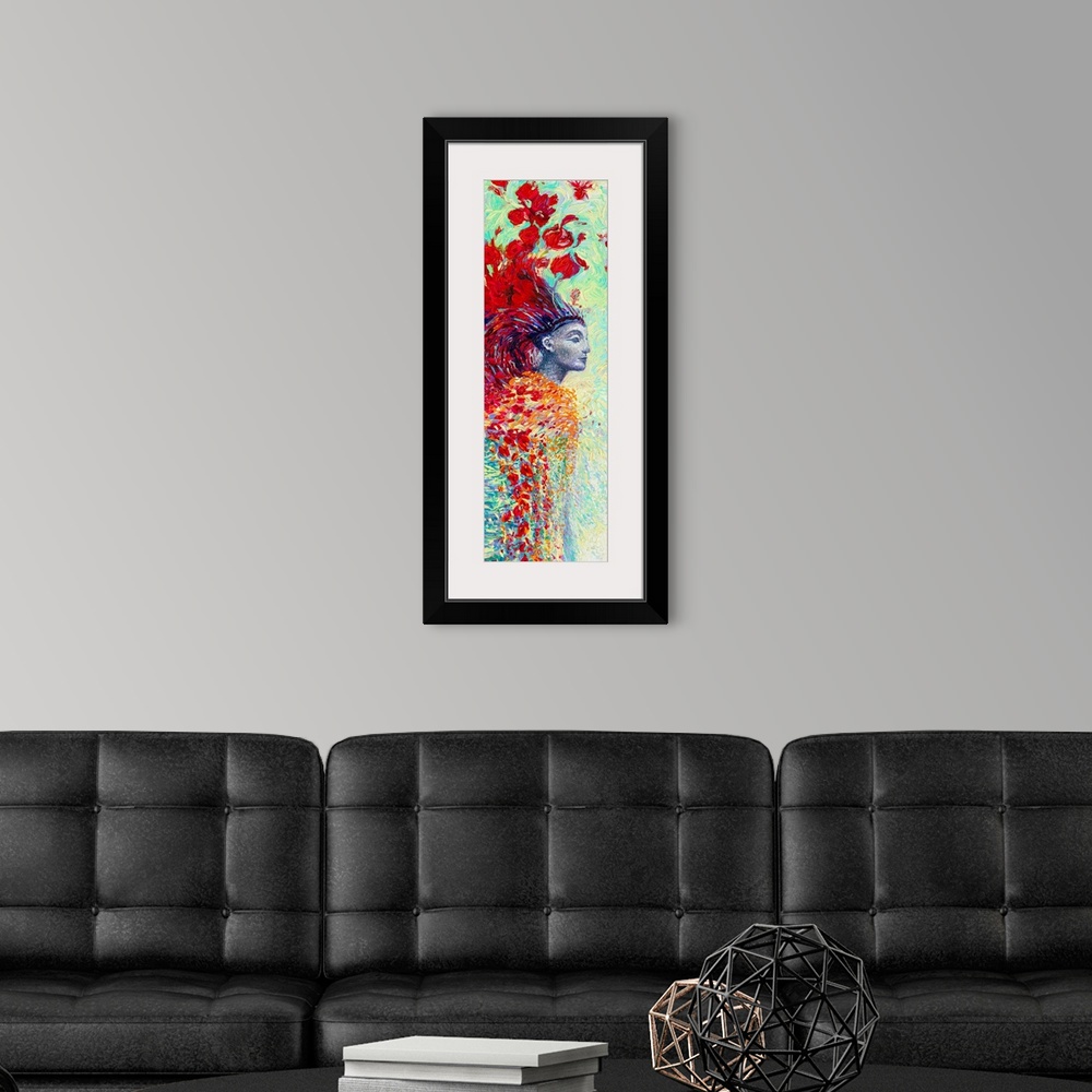 A modern room featuring Brightly colored contemporary artwork of a statue with red flowers and feathers.