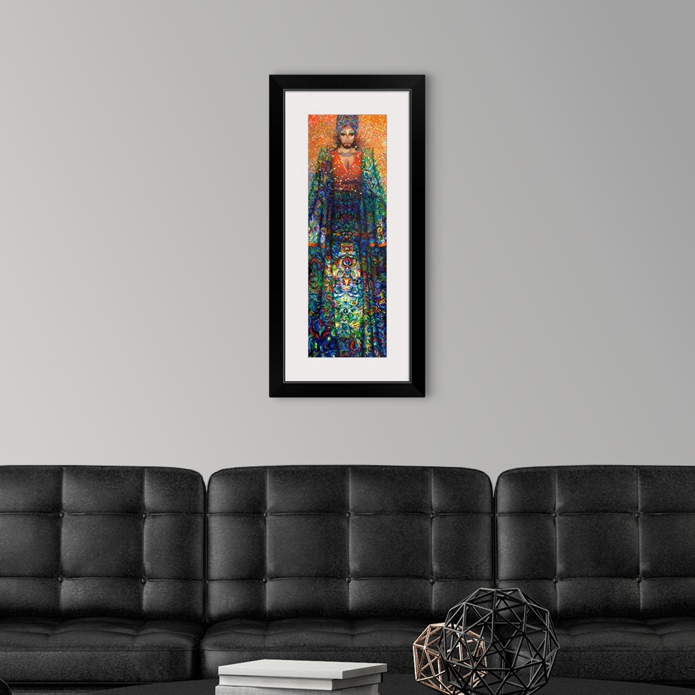A modern room featuring Brightly colored contemporary artwork of Manghoe Lassi in colorful robes.
