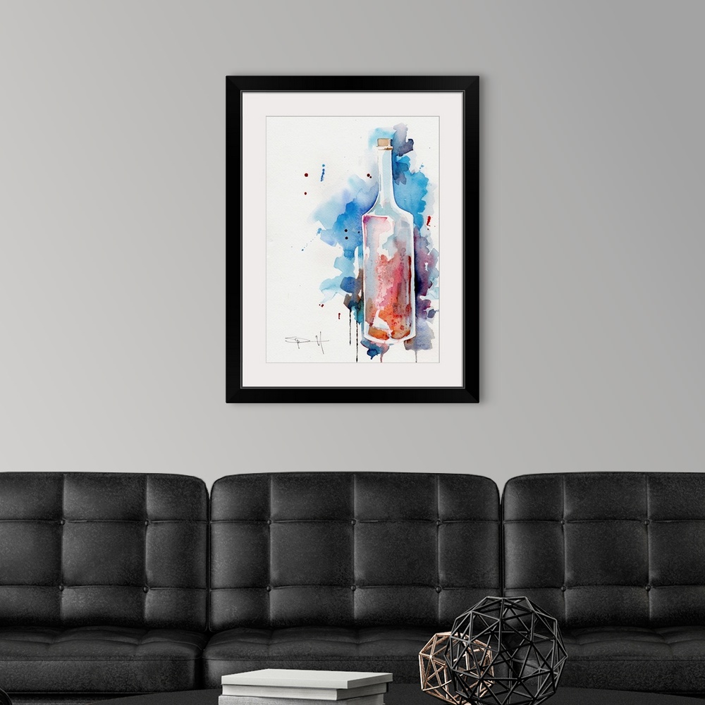 A modern room featuring Watercolor painting of a tall glass bottle.
