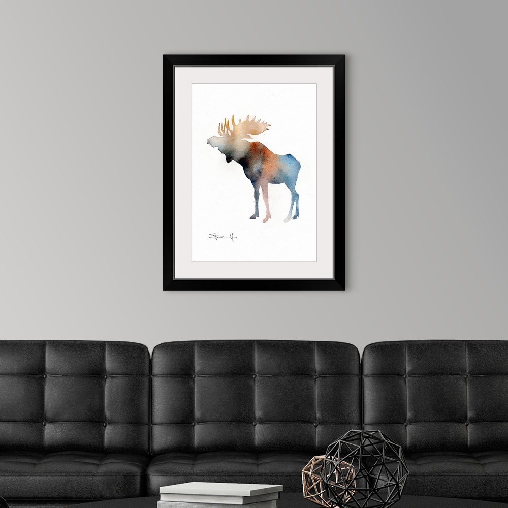 A modern room featuring Watercolor silhouette of a moose.