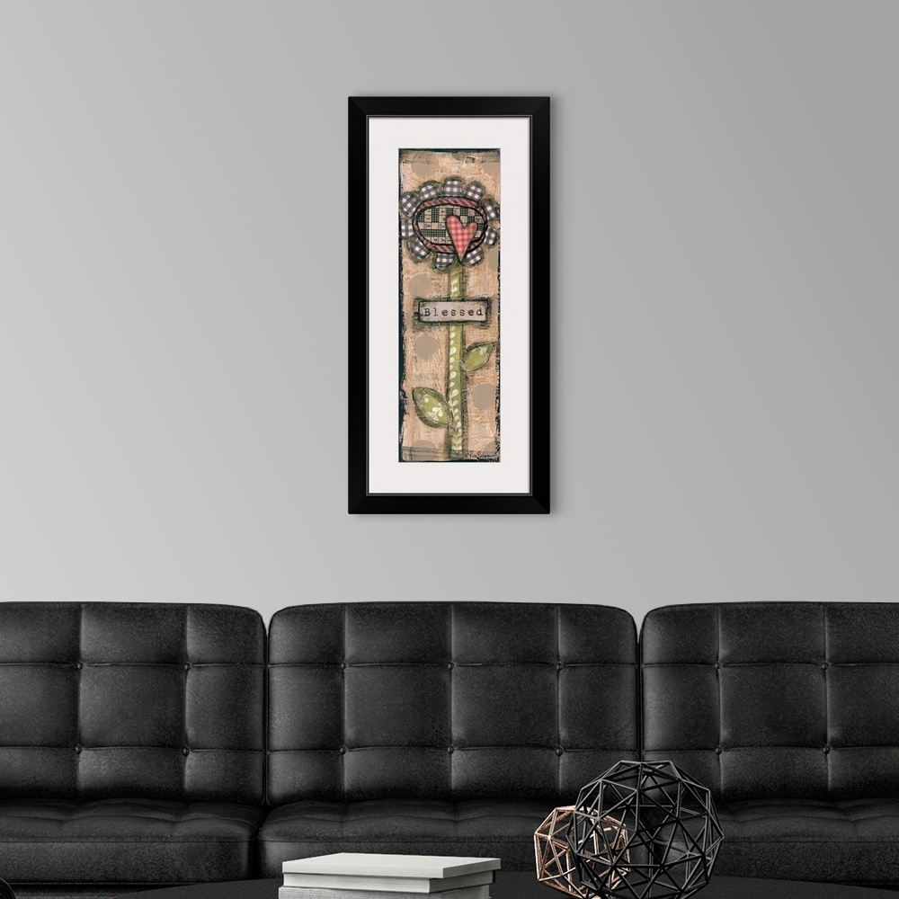 A modern room featuring Flower made from different patches of cloth against a weathered background.