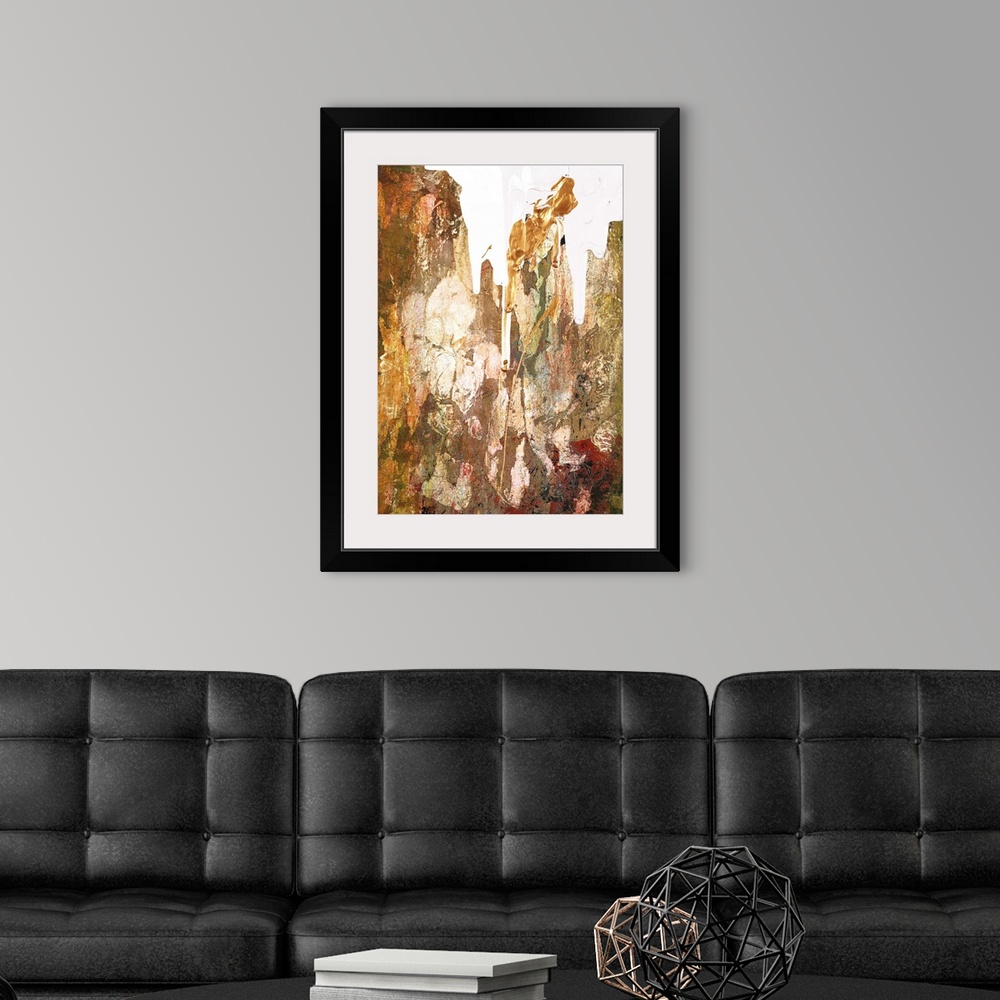 A modern room featuring Contemporary abstract artwork in rusty browns and gold with white.