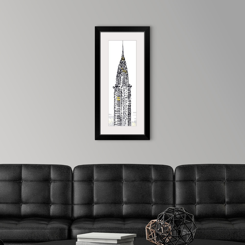 A modern room featuring Pen and ink illustration of the top of the Chrysler Building in New York City.