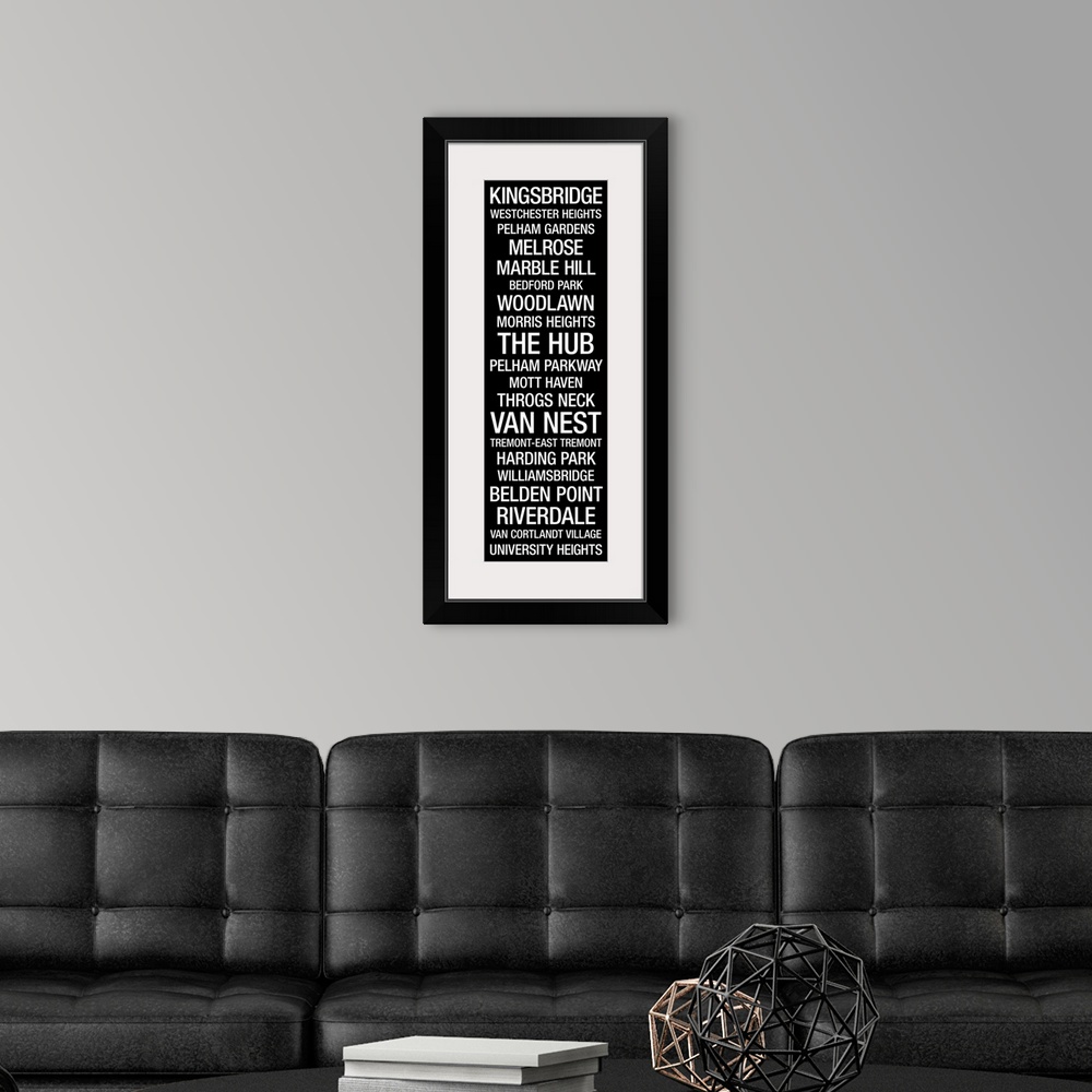 A modern room featuring Giant, vertical wall art of the Bronx, New York Subway Roll with a list of well known places and ...