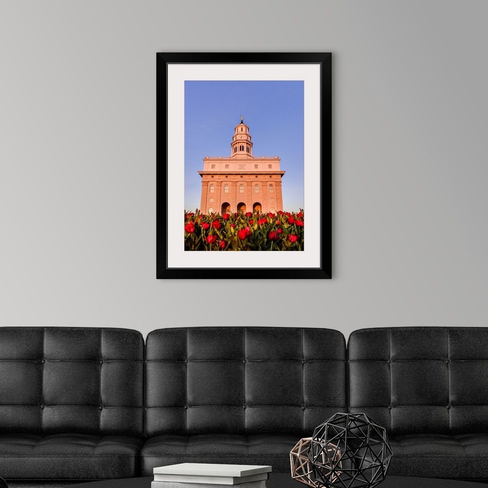 A modern room featuring The Nauvoo Illinois Temple overlooks the Mississippi River and is a reproduction of the original ...