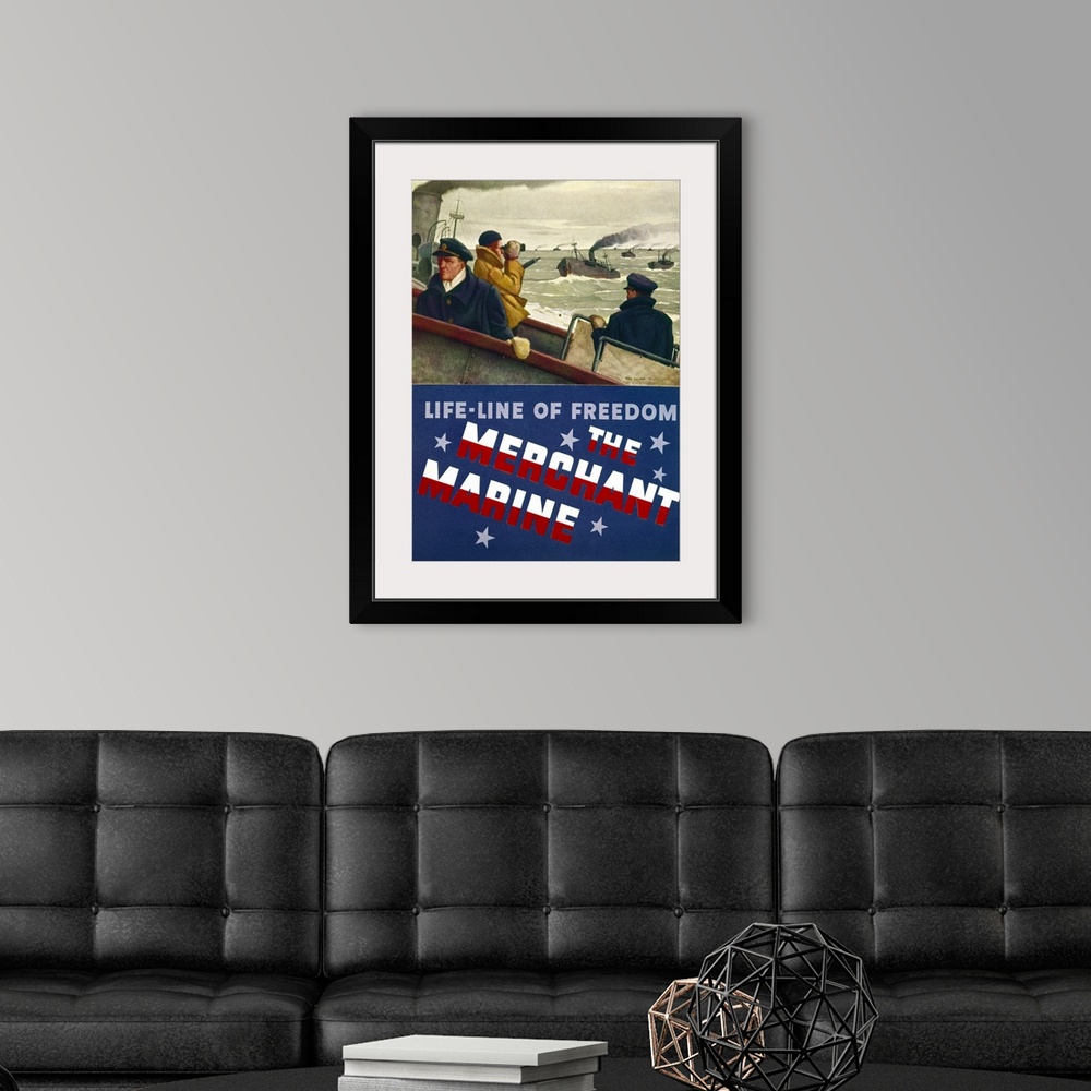 A modern room featuring 'Life-Line of Freedom - The Merchant Marine.' Poster by Paul Sample, c1944.
