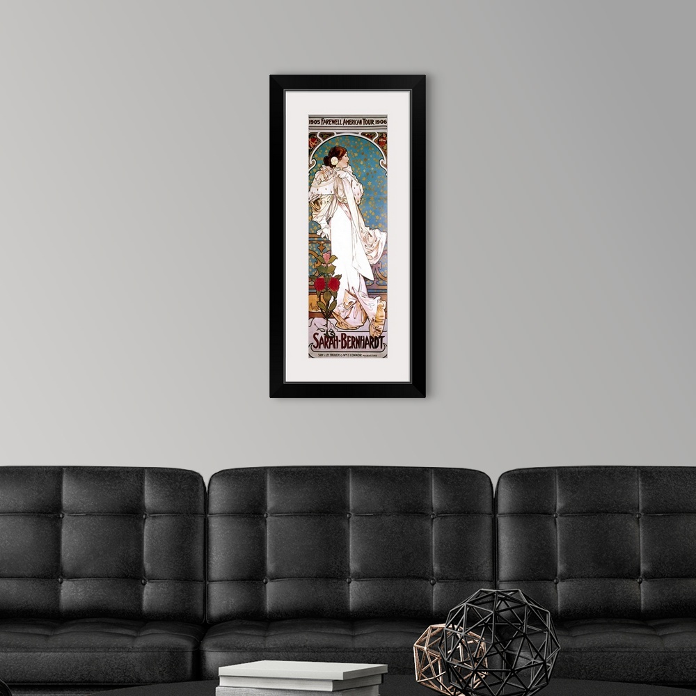 A modern room featuring Bernhardt in the title role from 'La Dame aux camelias' on a poster by Alphonse Mucha for her 190...