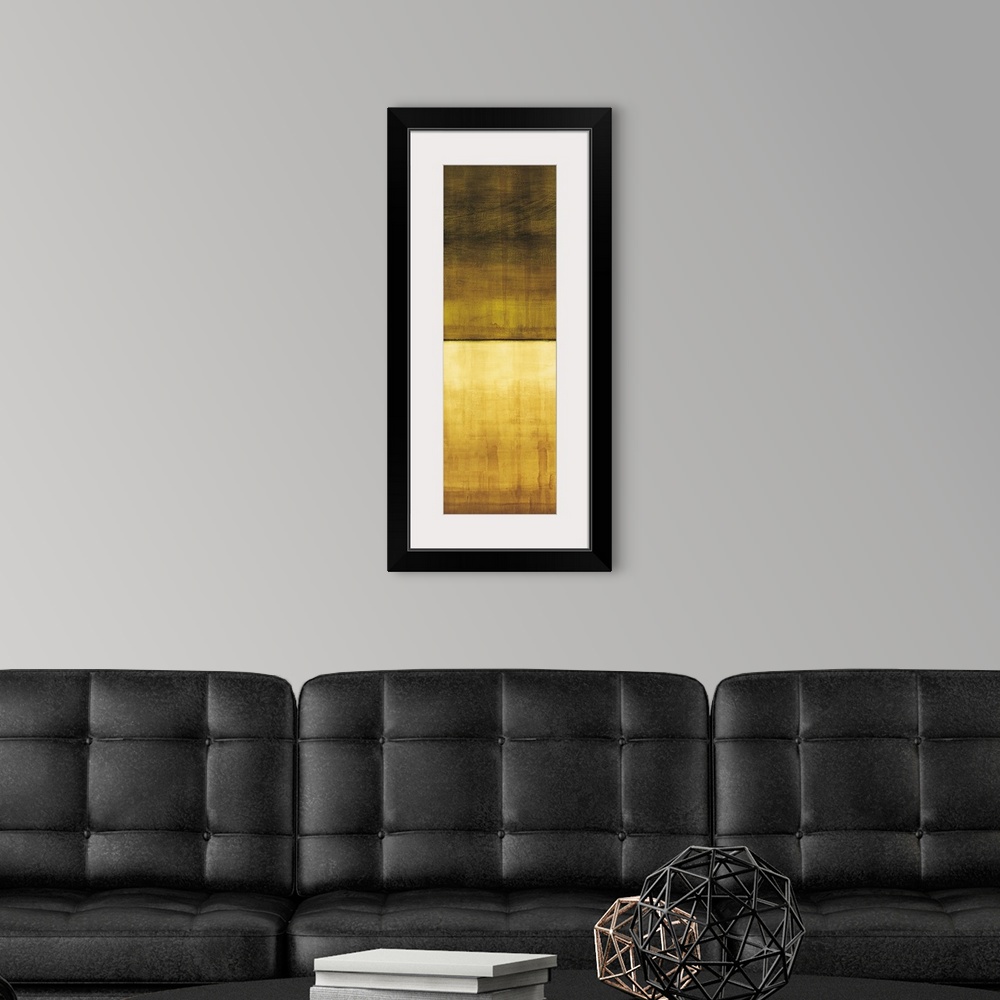 A modern room featuring Contemporary color field painting using golden yellow tones meeting a dark earthy olive tone in t...