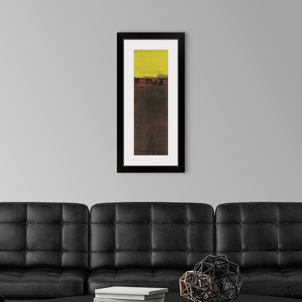 A modern room featuring Contemporary abstract painting using olive green and dark brown to create a color field.