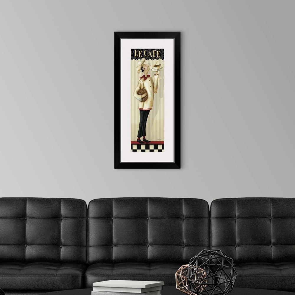 A modern room featuring Artwork perfect for the kitchen of a chef holding a cup of coffee with the text "Le Cafo" written...