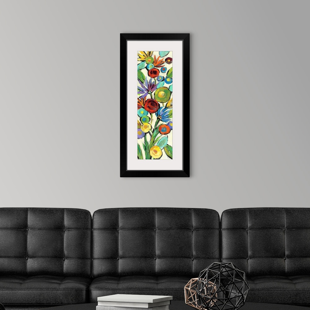 A modern room featuring Tall, rectangular painting of colorful wildflowers filling up the entire canvas on a neutral colo...