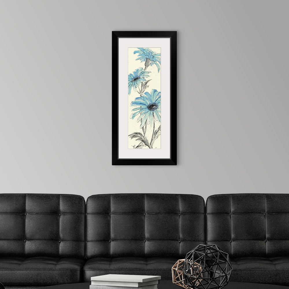 A modern room featuring Contemporary artwork of blue flowers close-up in the frame of the image.
