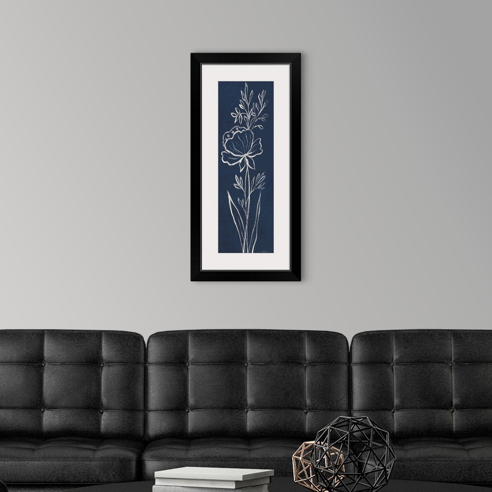 A modern room featuring Tall, rectangular painting that has white outlines of a flower and leaves with long stems on an i...
