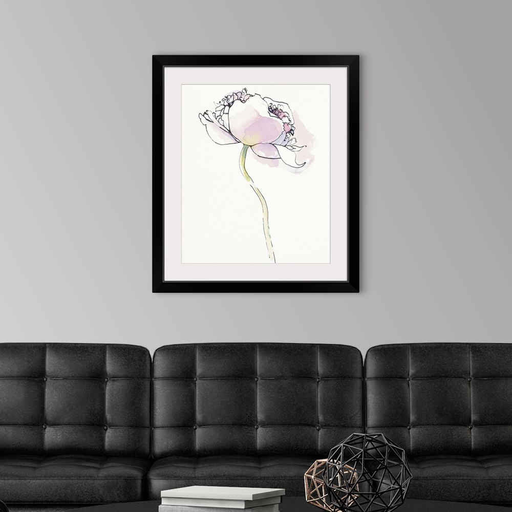 A modern room featuring Watercolor painting of a pink poppy against a white background.