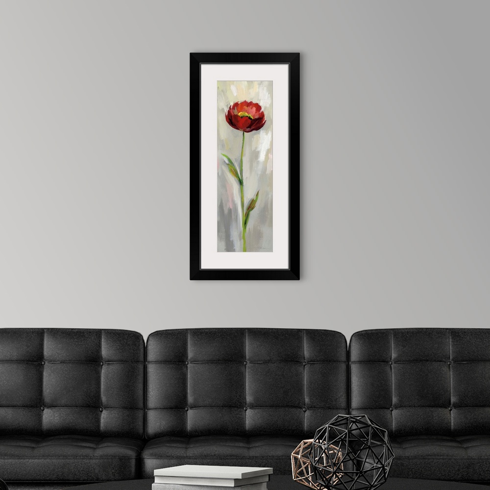 A modern room featuring Long vertical contemporary painting of a red poppy with brush stoke textured background.