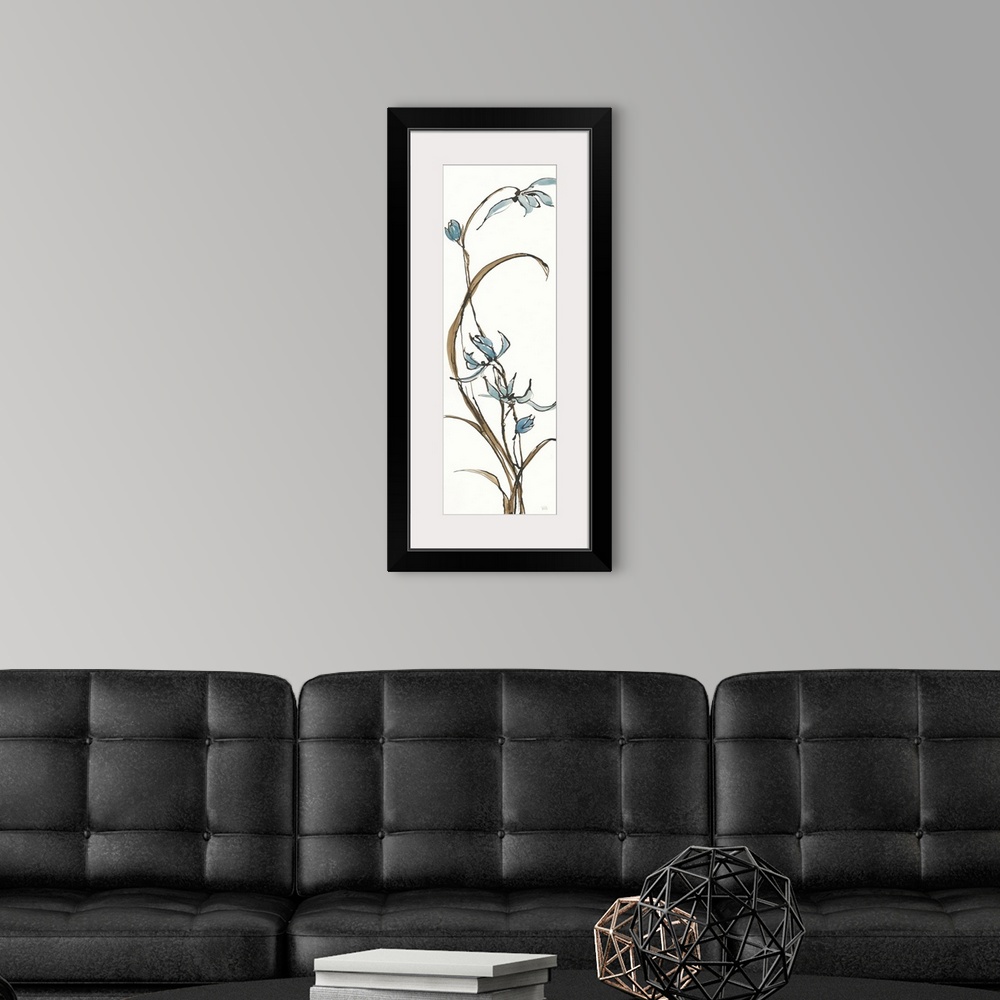 A modern room featuring Tall, rectangular watercolor painting of orchids in tan and blue on a solid white background.